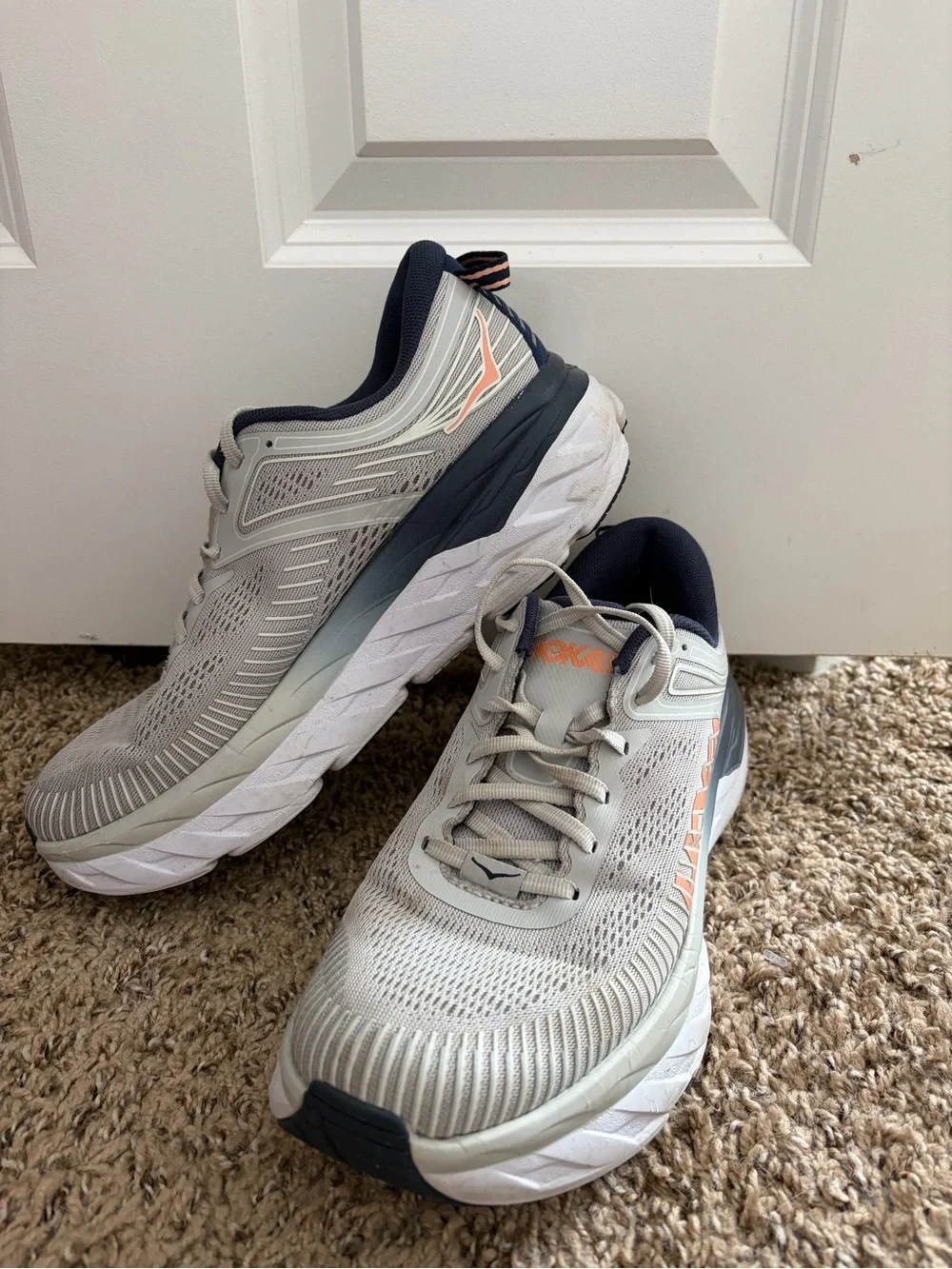 Hoka One One Women’s Light Gray & Navy with Orange Accents Running Shoes